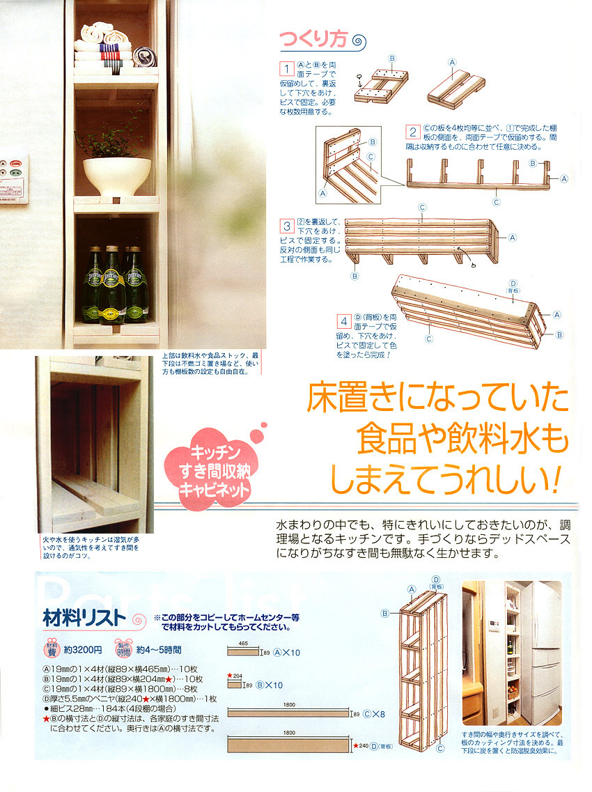 DIYキッチンすき間キャビネットの作り方レシピ＆材料リスト